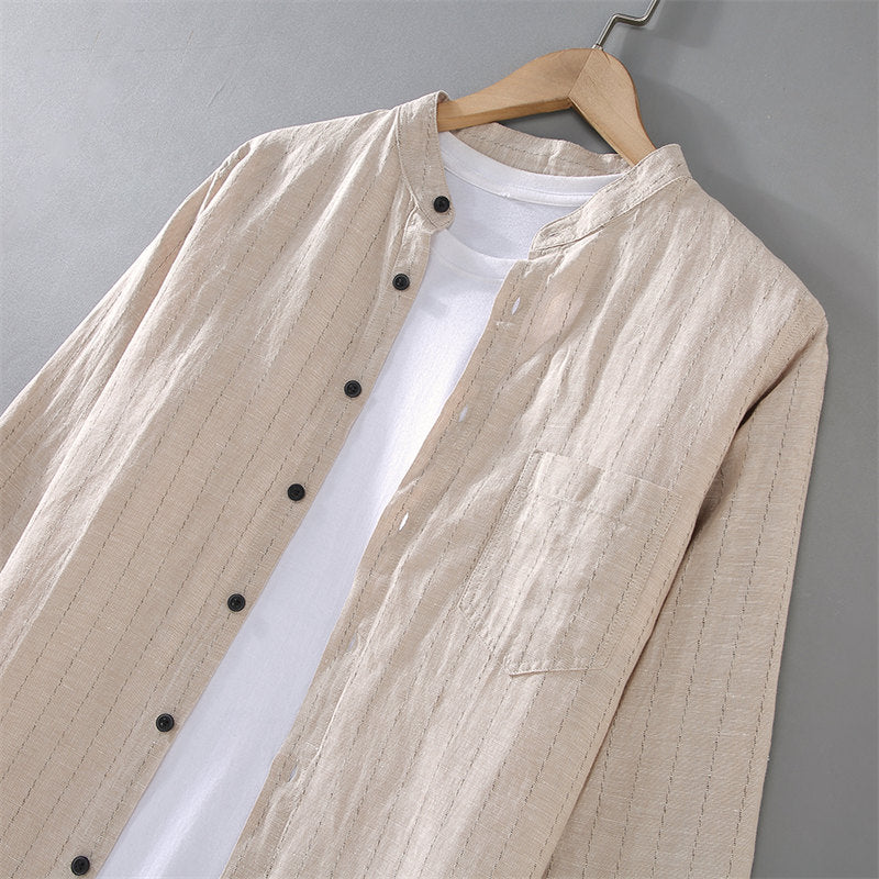 Stand Collar Cotton Linen Striped Long-Sleeved Shirt