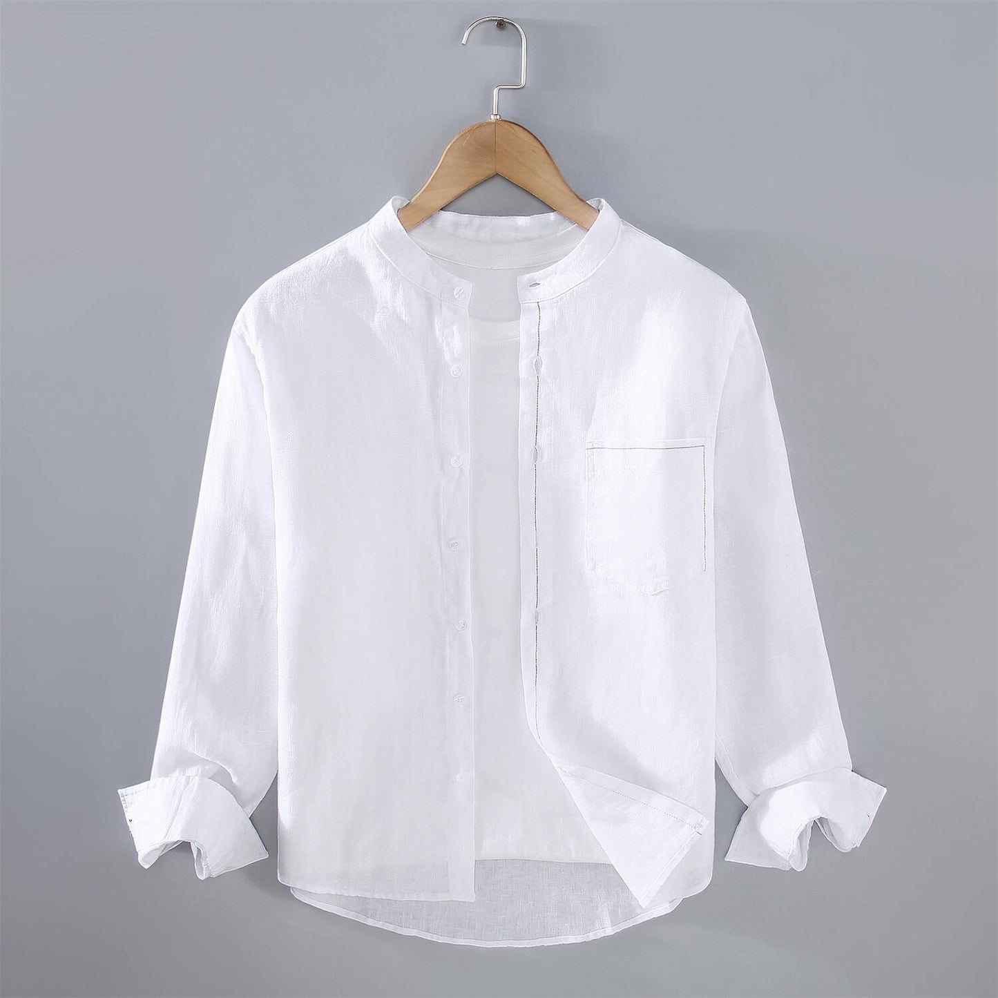 Pure Linen Long Sleeve Shirt - Stand Collar, Loose Fit