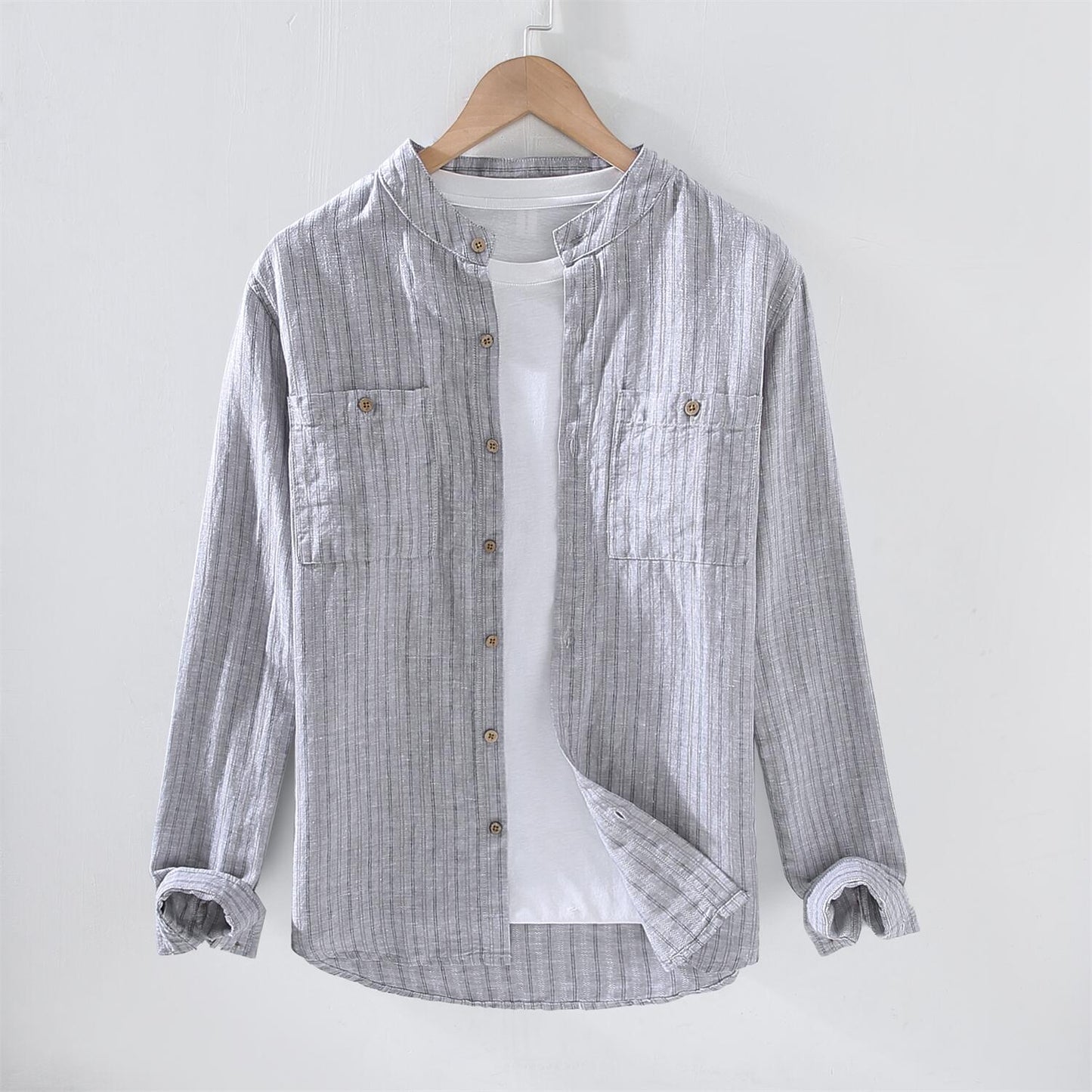 Striped Stand Collar Cotton Linen Shirt