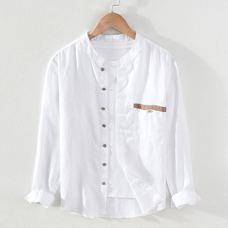 Stand Collar Pure Linen Long Sleeve Shirt