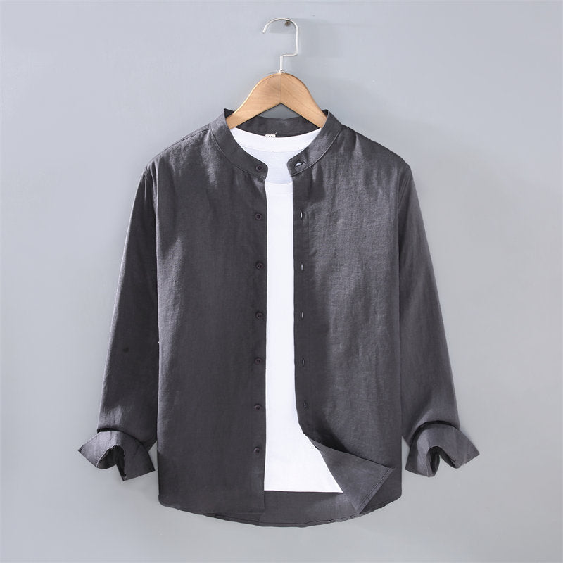 Stand Collar Pure Linen Long Sleeve Shirt